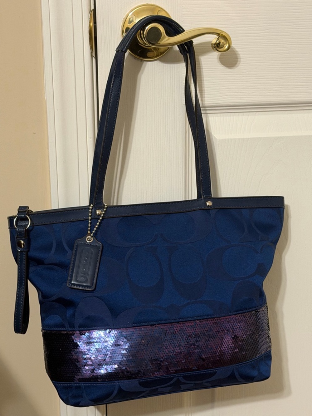 Coach Navy Blue Signature Tote with Iridescent Sequin Band